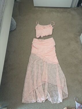 SHEIN Pink Two-Piece Lace Crop Top and Maxi Skirt Set